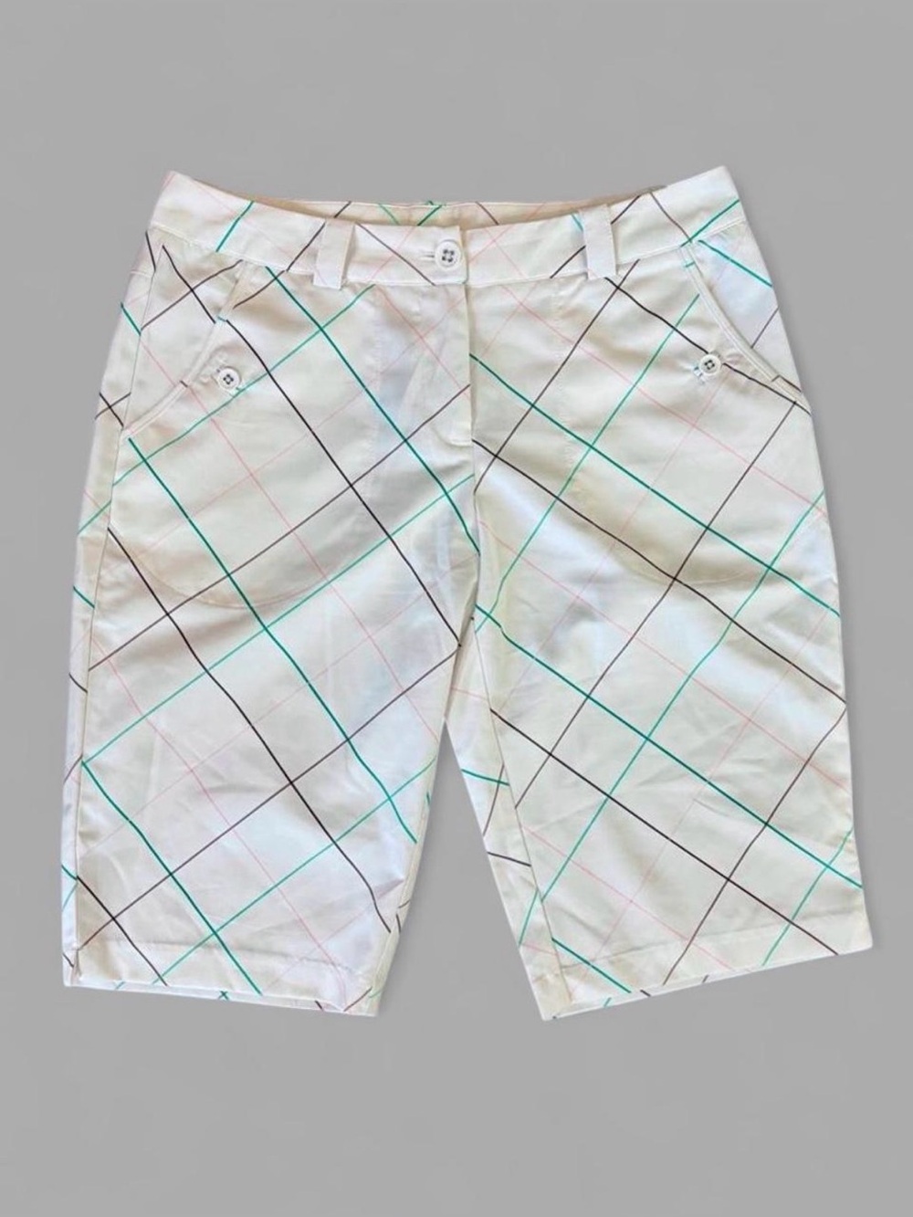 90s Inspired Women’s White & Multi-Colored Plaid Nike Dri-Fit Bermuda Golf Short